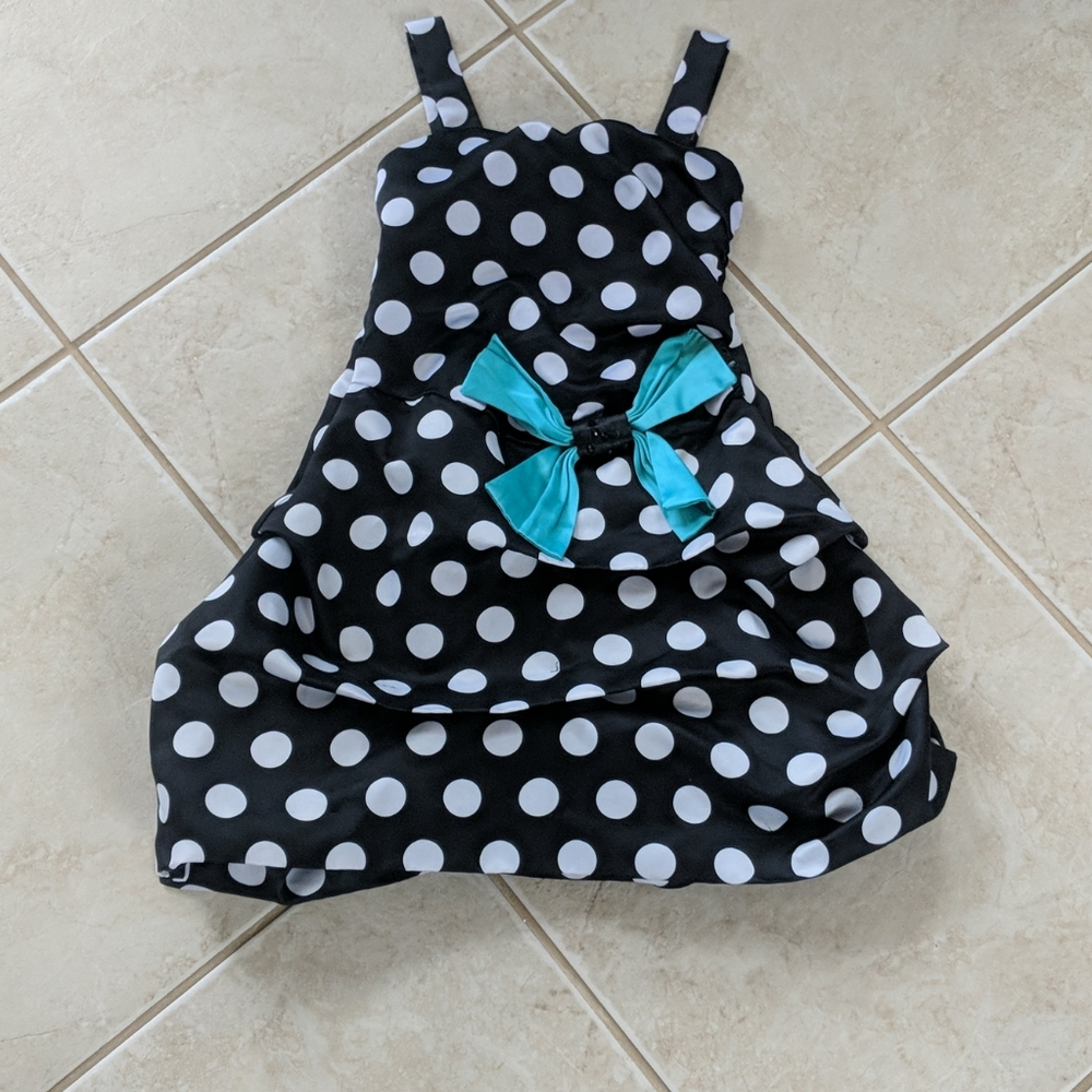 Girls 7 black and white polka dot teal bow dress